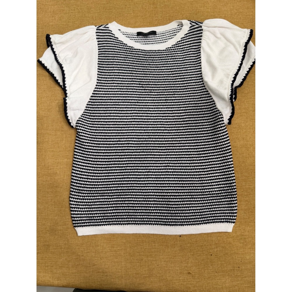 Ann Taylor Striped Flutter Sleeve Knit Top Black White Scalloped Trim Medium
